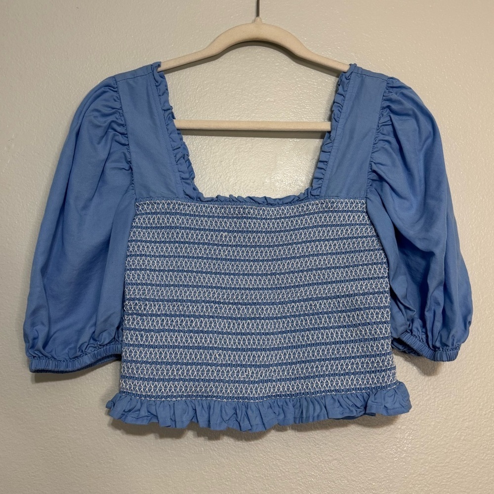 Emily McCarthy Havana Smocked Puff Sleeve Top in Blue